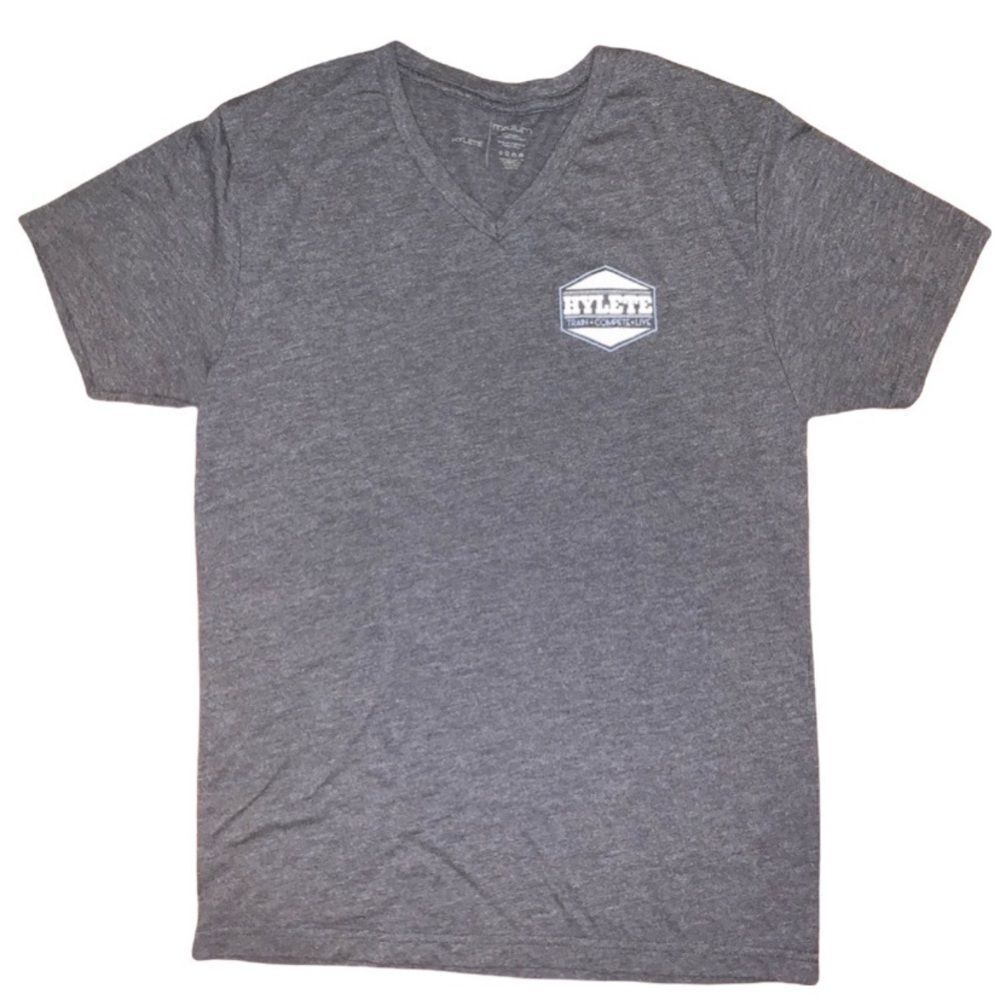 Hylete heathered navy V-neck t-shirt, front logo